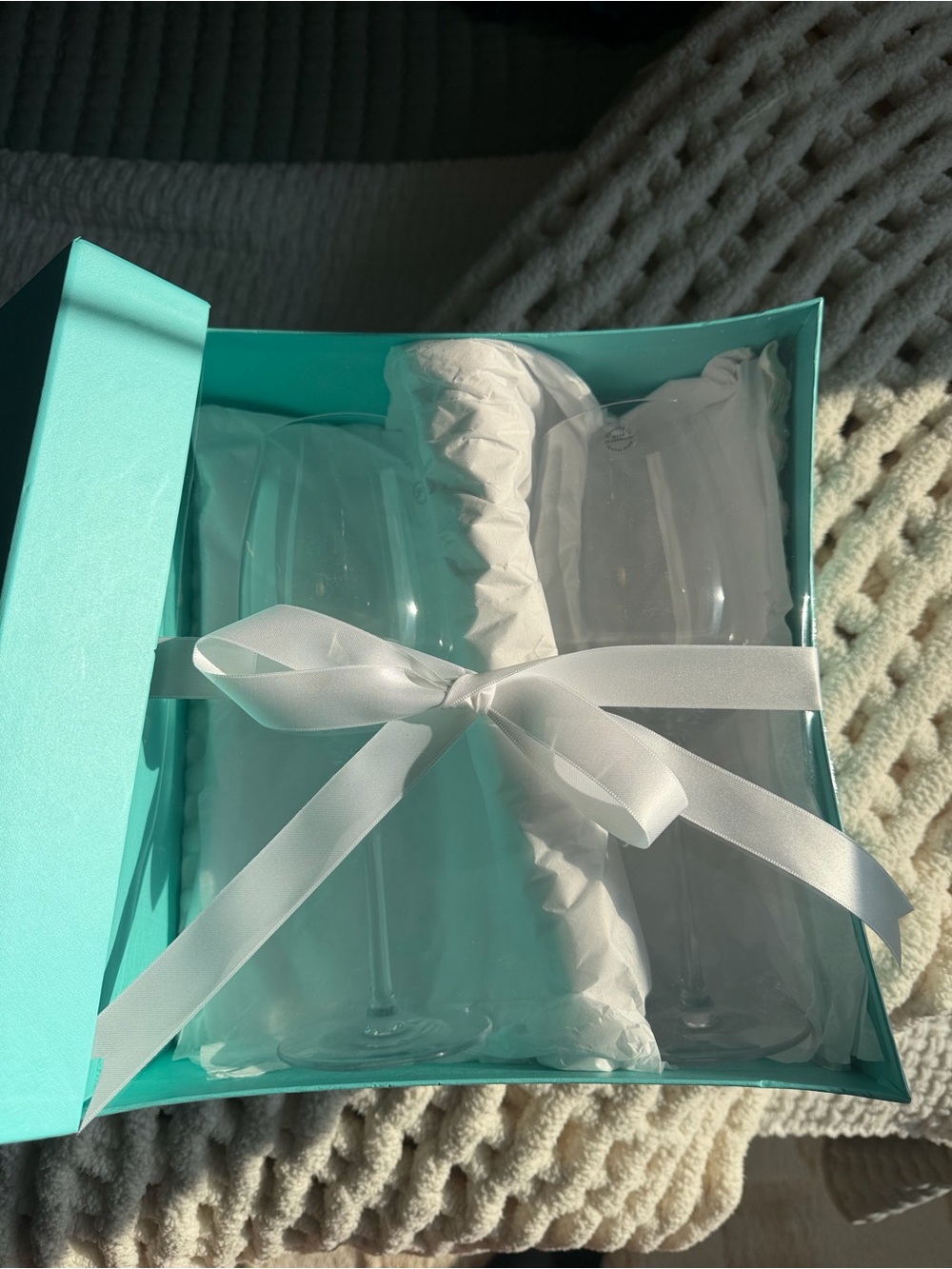 Tiffany & Co. Turquoise Gift Box with Clear Champagne Flutes and White Ribbon